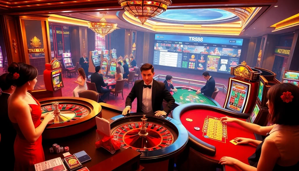 Experience the excitement of TR88 with players engaging at elegant casino tables and vibrant slot machines.