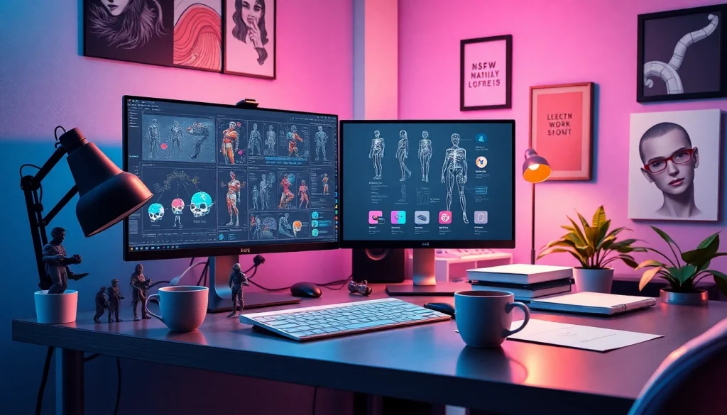 Vibrant workspace showcasing NSFW character AI design with creative details.