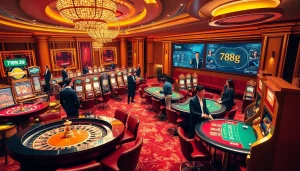 Jugador disfrutando de un juego emocionante en el casino 789g, con mesas vibrantes y una dinámica de juego.
