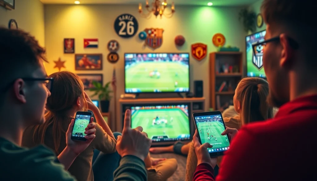 Experience live soccer streaming on joemadfan.com with fans excitedly watching matches in a cozy setting.