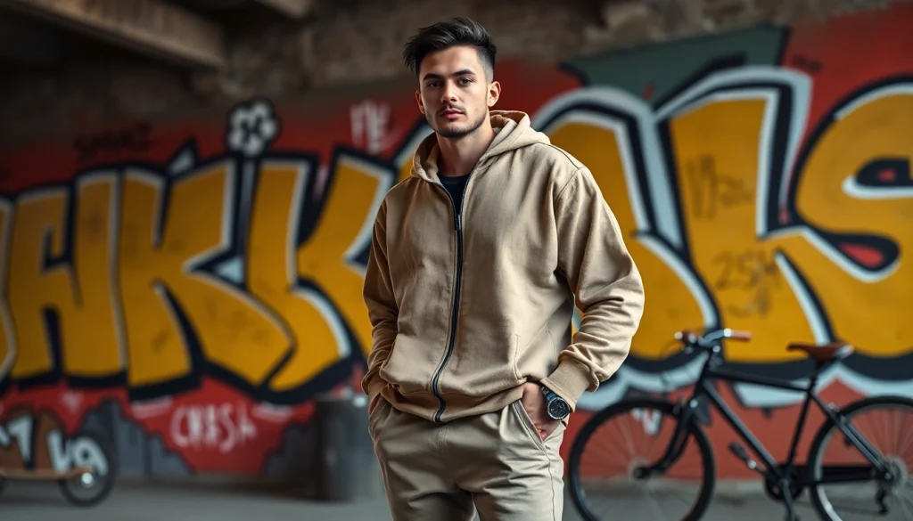 Essentials Tracksuit displayed in an urban setting, showcasing stylish design and comfort.