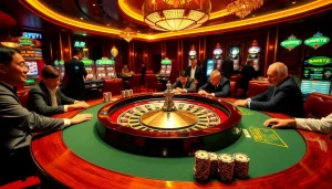 Engaging scene of a luxurious casino featuring Fly88 poker chips and players celebrating their wins.