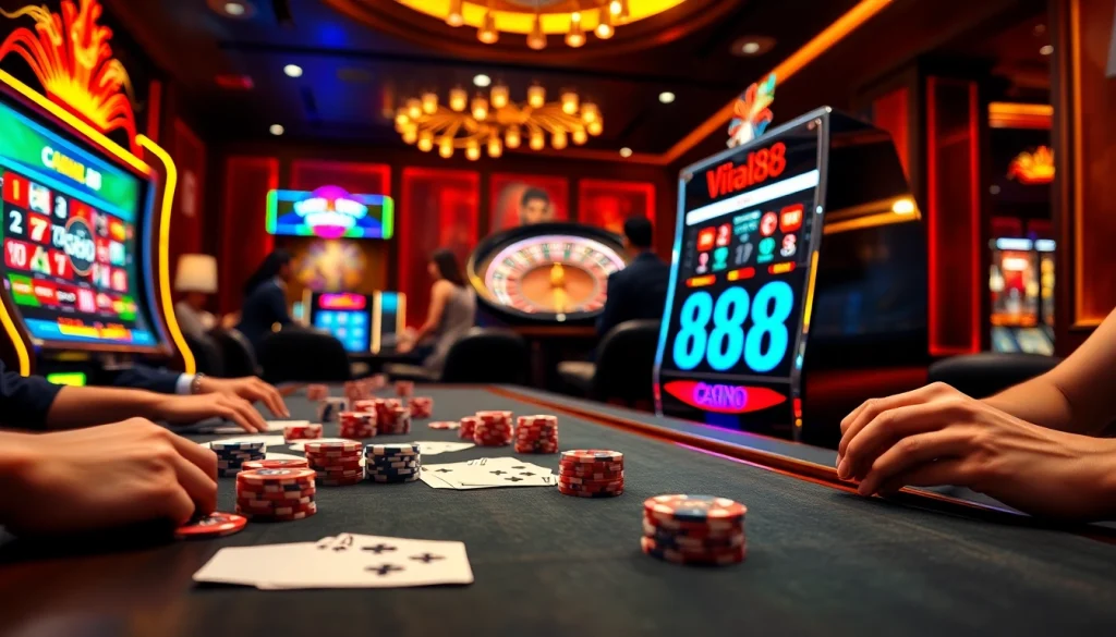 Gambling excitement at a sleek casino table featuring vibrant viral88-themed slot machines and poker chips.