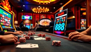 Gambling excitement at a sleek casino table featuring vibrant viral88-themed slot machines and poker chips.