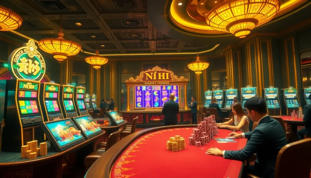 Experience the excitement of nổ hủ at a luxurious casino with vibrant slot machines and poker tables.