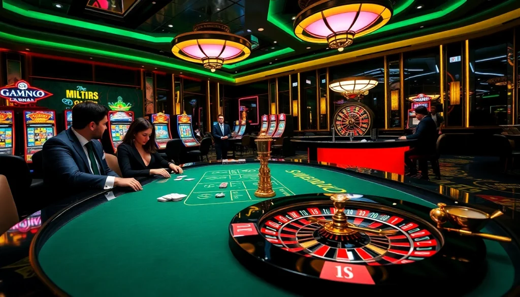 Players enjoying table games at LC88 casino, surrounded by poker chips and vibrant slot machines.