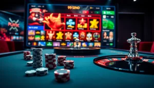 Engaging online gambling setup at 99ok.co.im featuring poker chips and roulette.