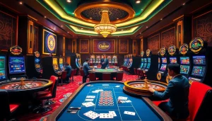 DewaCasino players celebrating a big win at luxurious casino tables with vibrant gaming atmosphere.