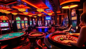 Players enjoying various gaming tables and slot machines at OK365 casino, showcasing excitement and luxury.