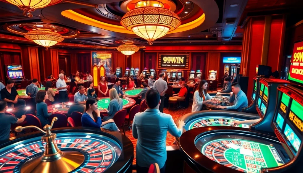 Experience thrilling games at 99WIN casino, featuring poker tables and vibrant slot machines.
