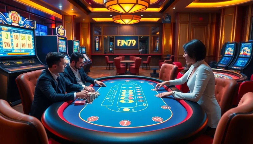Players enjoying an exciting game at FUN79's vibrant online casino platform with luxurious elements.