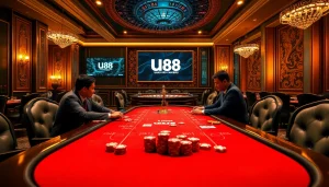Players engaging in a strategic poker game at a UU88 casino table, showcasing excitement and luxury.