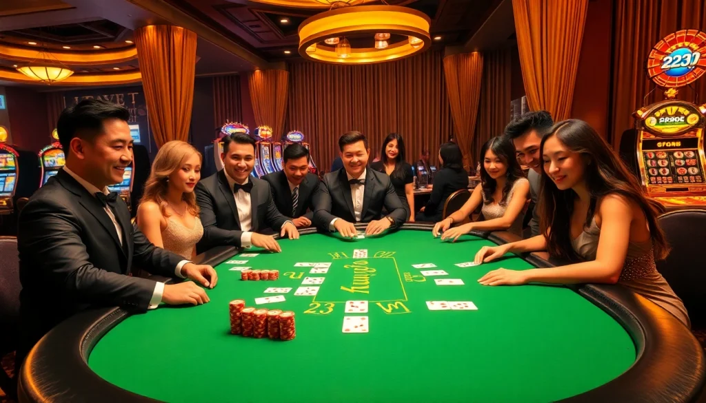 Experience the thrill of poker at 23win’s luxurious casino scene with engaged players and professional dealers.