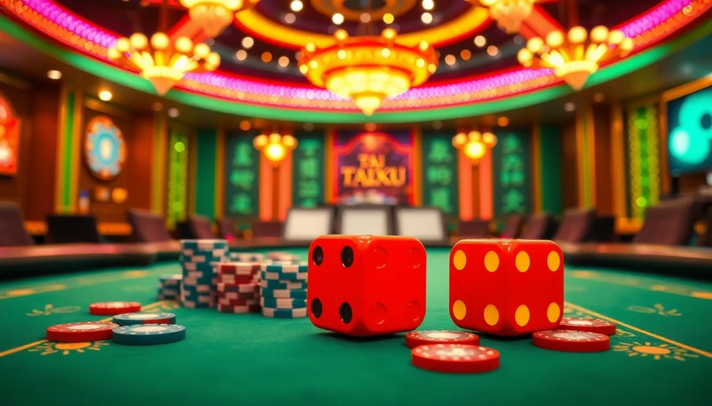 A lively Tài Xỉu MD5 gaming table showcasing rolling dice and vibrant chips in an exciting casino atmosphere.