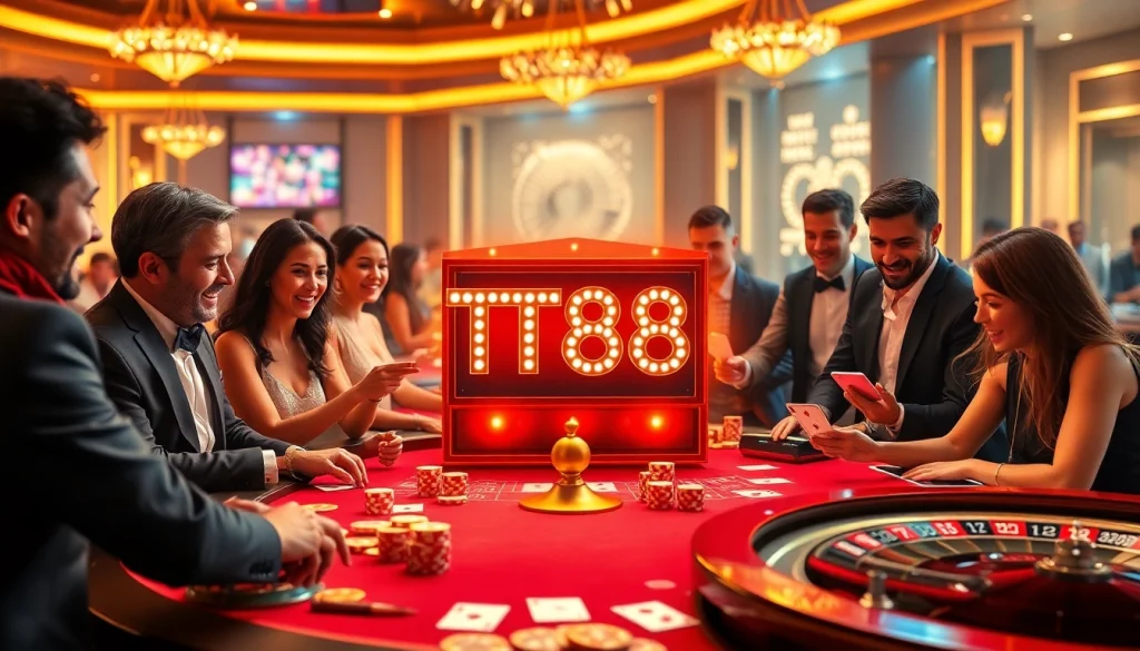 Betting enthusiasts play on the TT88 slot machine, immersed in a luxurious casino environment.