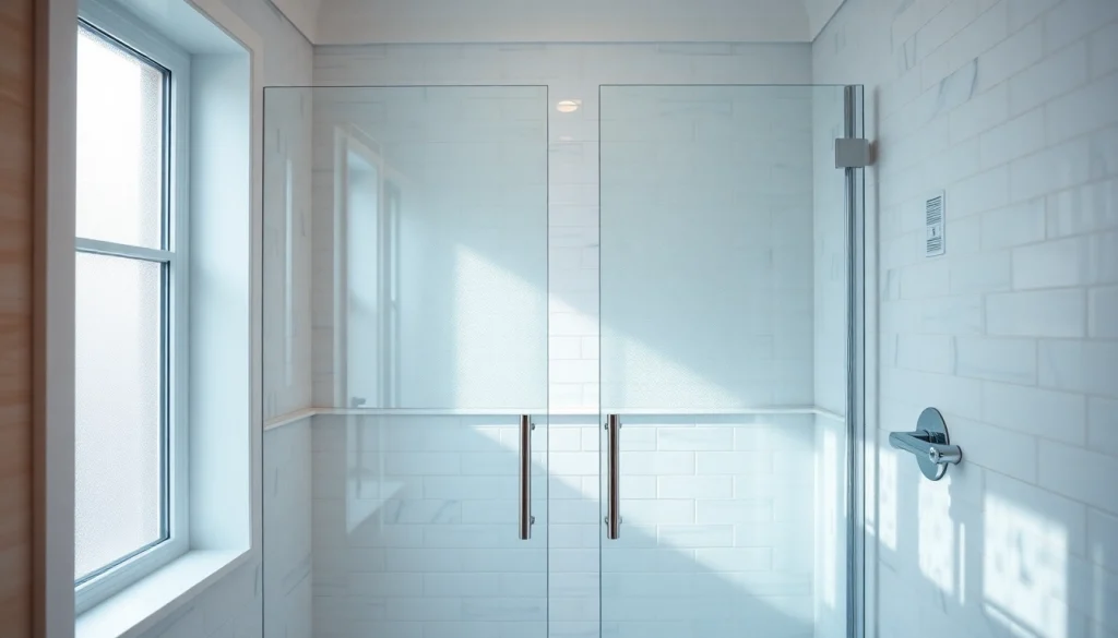 Attractive glass shower doors enhance a stylish bathroom space with sleek design elements.