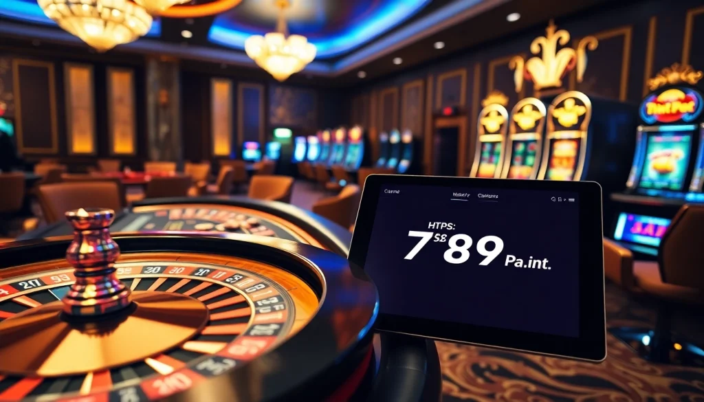 Feeling the thrill of online gaming at https://789pa.in.net/ with a roulette wheel and poker table in a luxurious casino environment.