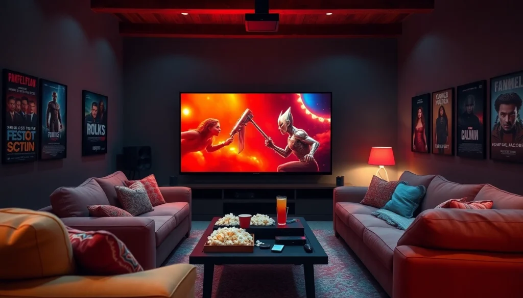 Enjoy a cinematic experience with allmovieshub in a cozy living room setting featuring a vibrant movie display and inviting atmosphere.