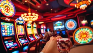 Excited players engaging with slot machines, highlighting link slot pulsa in a vibrant casino atmosphere.