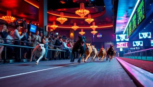 Cá Cược Đua Chó action moment capturing greyhounds racing on a track with vibrant spectators.