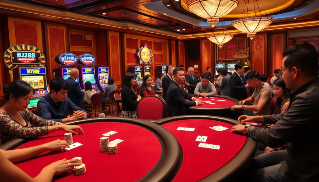 A thrilling BJ388 gambling scene with luxury casino tables and vibrant slot machines.