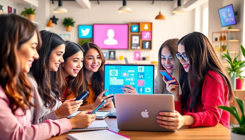 Social media girls collaborating and creating content in a vibrant, modern workspace.
