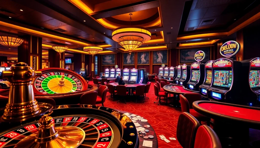 Exciting gaming scene at gg88 with roulette wheel, poker tables, and vibrant slot machines.