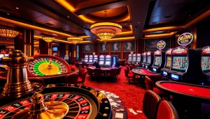 Exciting gaming scene at gg88 with roulette wheel, poker tables, and vibrant slot machines.
