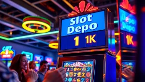 Temukan pengalaman menarik bermain slot depo 1k dengan mesin slot berwarna cerah dan pemain bahagia.