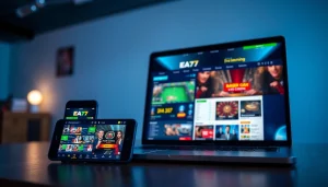 EA77 online gaming interface showcasing sports betting and live casino features on multiple devices.