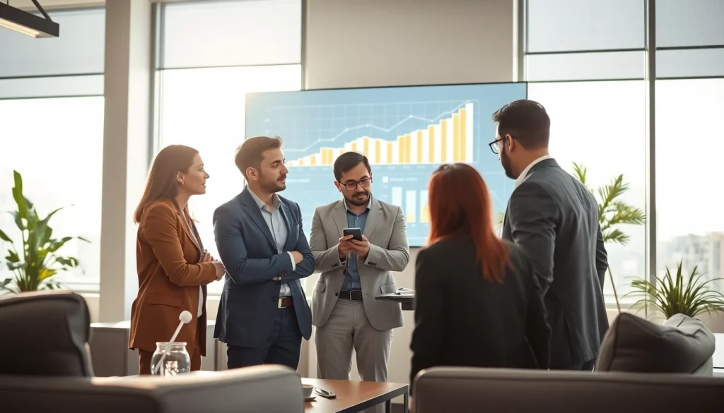 Discussing growth strategy trends with a diverse business team in a modern office.