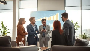 Discussing growth strategy trends with a diverse business team in a modern office.