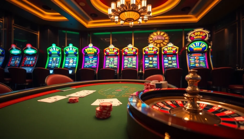 Experience high-stakes gaming at 99WIN with vibrant slots and casino tables, embodying luxury and excitement.