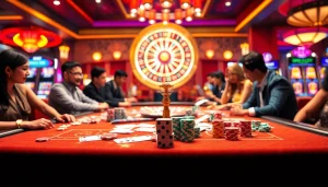 Experience thrilling gaming at Dominoqiu with colorful poker chips and a vibrant roulette wheel.