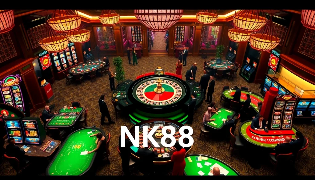 Experience the thrill of NK88 with players engaged around vibrant casino tables and a roulette wheel.