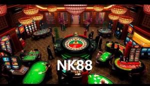 Experience the thrill of NK88 with players engaged around vibrant casino tables and a roulette wheel.