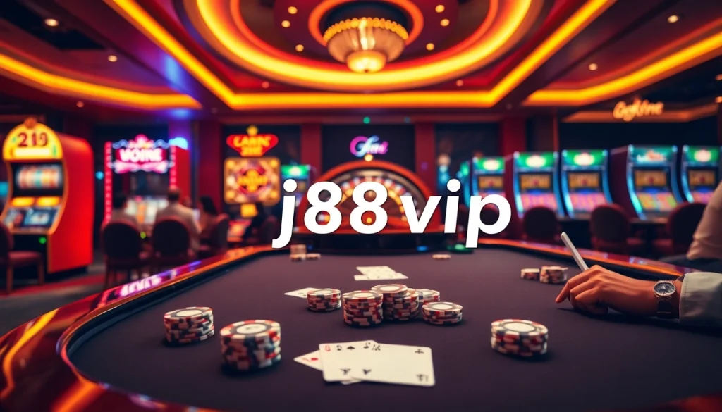 Experience the thrill of j88vip2 with luxurious casino tables, vibrant slot machines, and excited players.