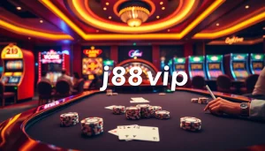 Experience the thrill of j88vip2 with luxurious casino tables, vibrant slot machines, and excited players.
