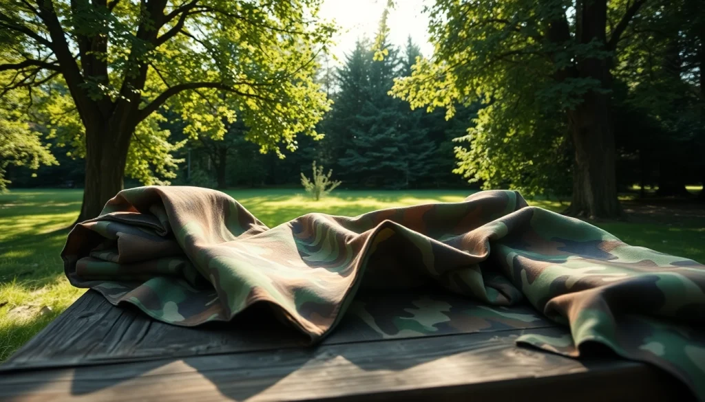 Bekijk camouflage stoffen op een houten tafel met natuurlijk licht.