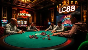 Action-packed LC88 poker game scene with colorful chips and roulette wheel.