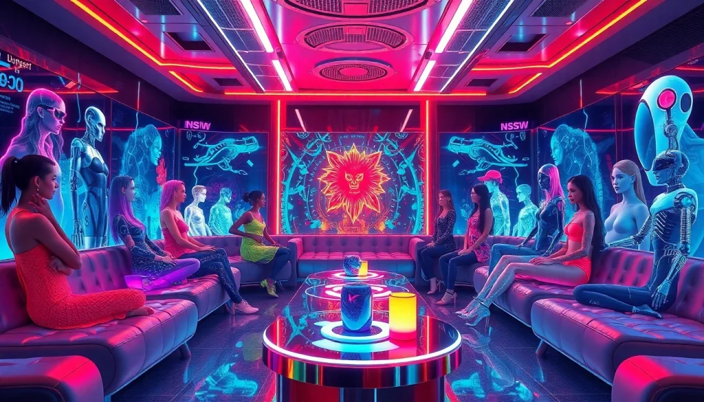 Engaging scene of users interacting with AI nsfw characters in a futuristic lounge.