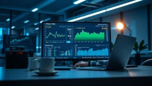 Infosec analysis in a modern tech workspace with dynamic finance charts.