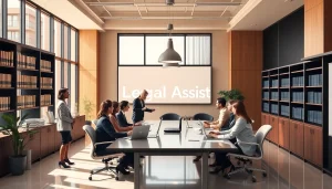Legal Assist team collaborating in a modern law office, showcasing professionalism and trust.