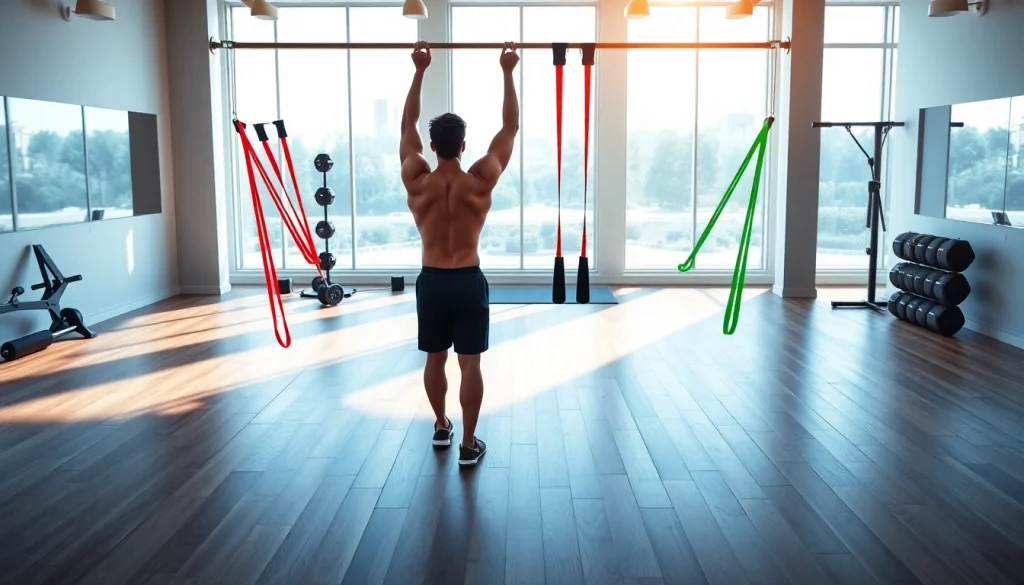 Active person using stretch bands for pull-ups in a bright gym setting.