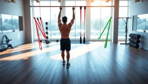 Active person using stretch bands for pull-ups in a bright gym setting.