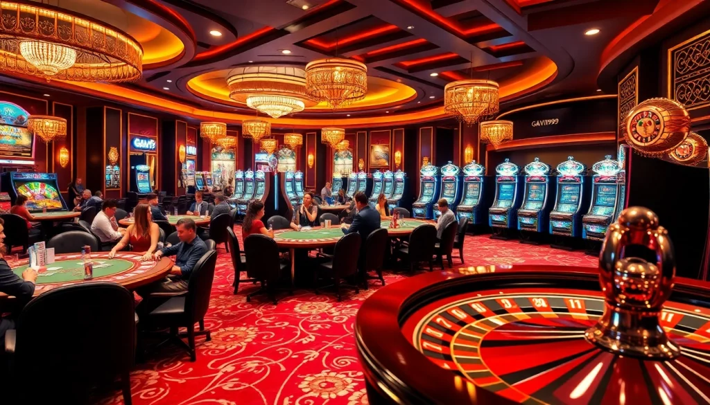 GAVIP999 features vibrant casino action with poker tables, roulette wheels, and slot machines.