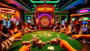 Exciting poker game scene at u888 com with vibrant chips and cards under ambient lighting.