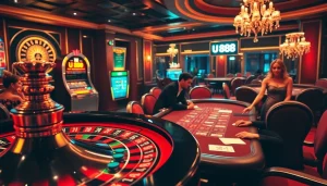 Experience the excitement of U 888 with players at a casino table, spinning roulette wheels and colorful chips.