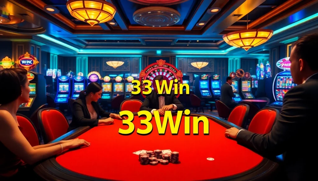 Players experience excitement at a luxurious 33Win casino poker table, surrounded by vibrant lighting and glowing slot machines.