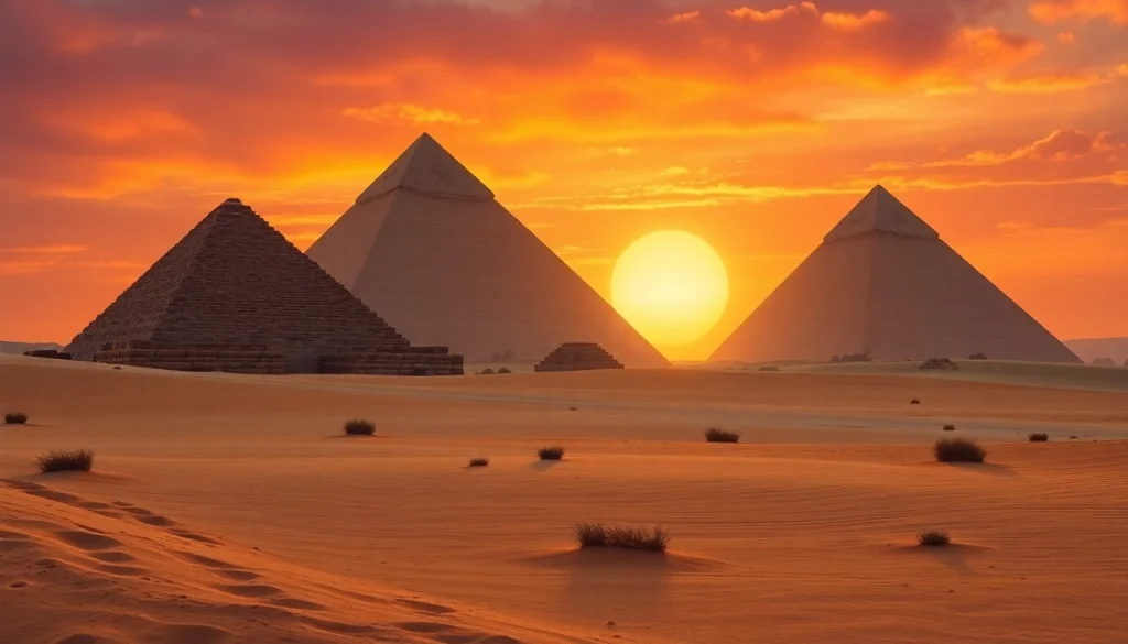 Piraminds illuminated at sunset, showcasing their grandeur and ancient beauty.